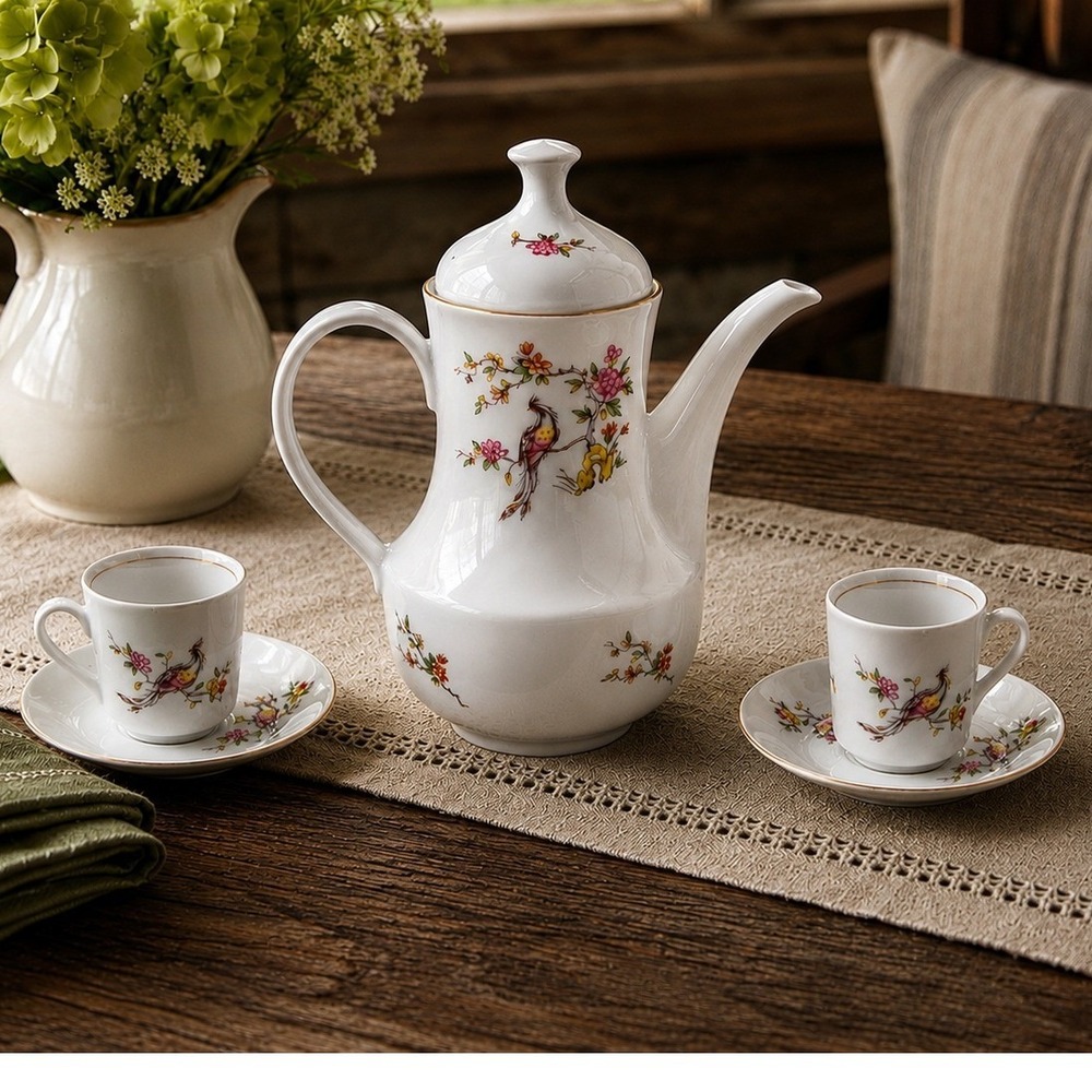 Vintage Kahla GDR Porcelain Coffee Pot Tea Set Bird of Paradise Floral 5 Piece
